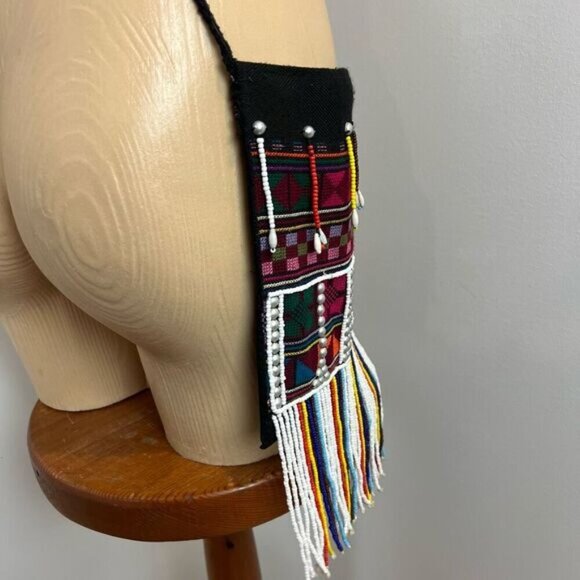 Vintage Handmade Seed Bead Purse Tapestry Cowrie Puka Shells Crossbody Bag - Picture 13 of 16